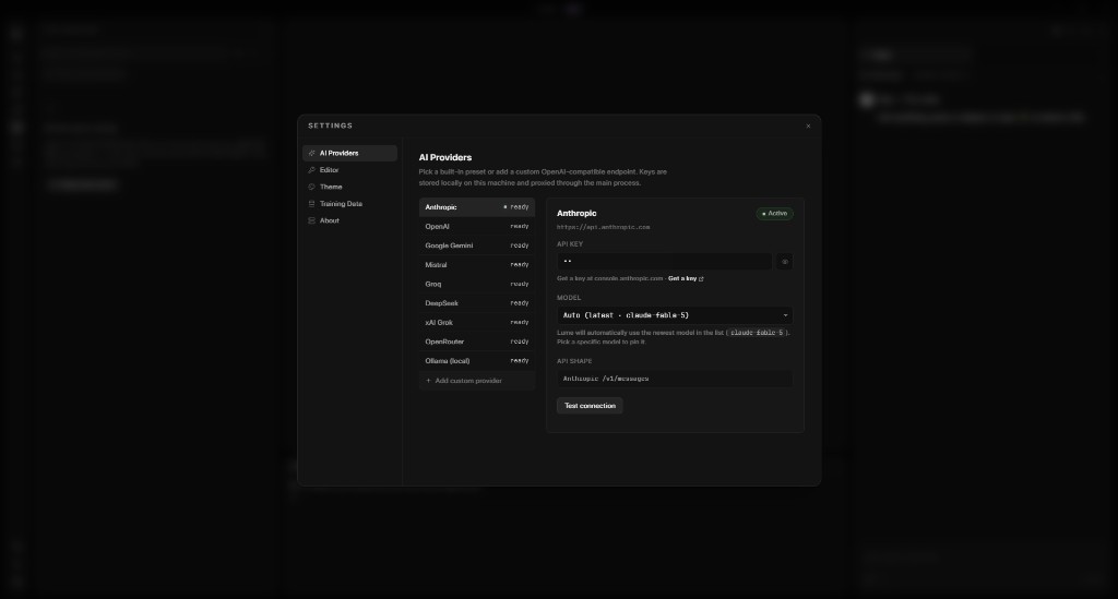 Lume AI provider settings